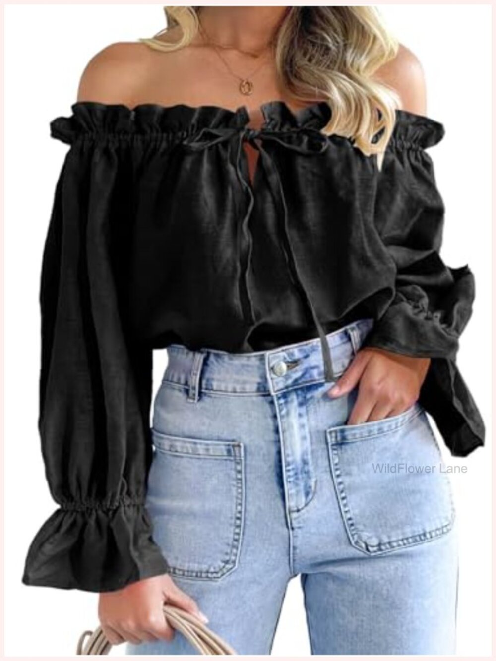 Womens Off Shoulder Puff Long Sleeve Ruffle Blouse Rayon Spandex Tie Front